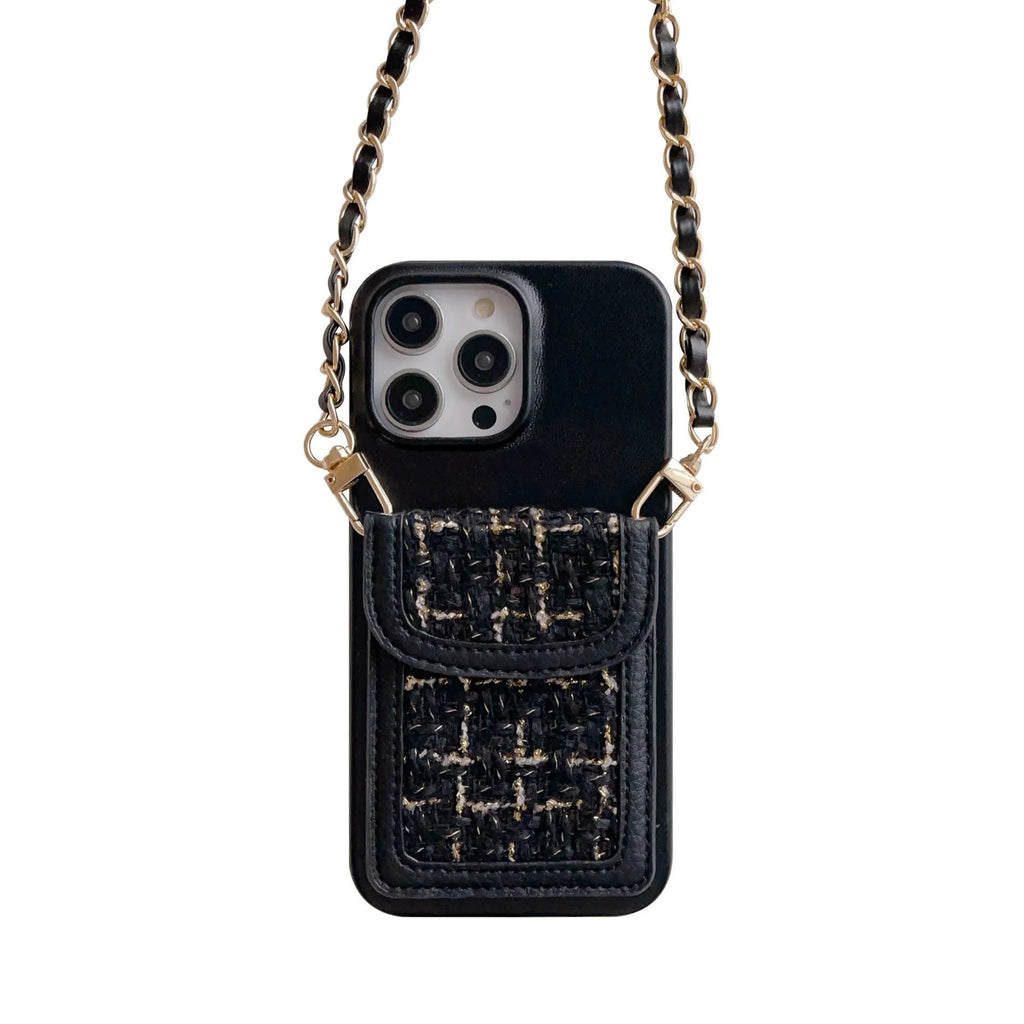 Crossbody chain card holder phone case in PU leather with frosted finish, shown in black, green, purple, white
