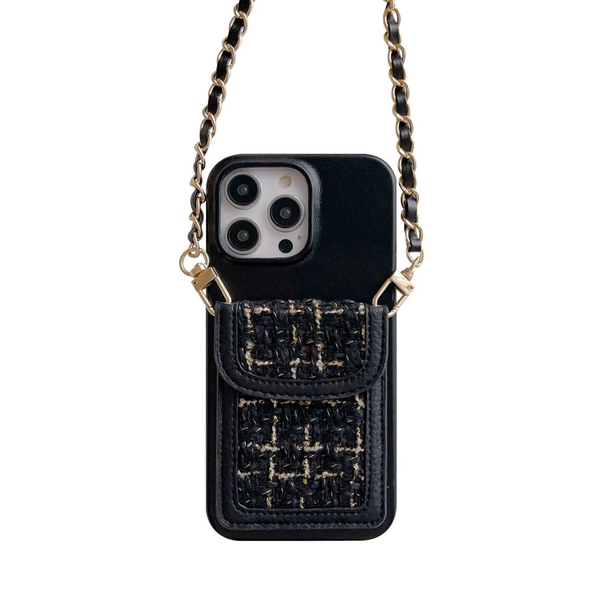 Crossbody chain card holder phone case in PU leather with frosted finish, shown in black, green, purple, white
