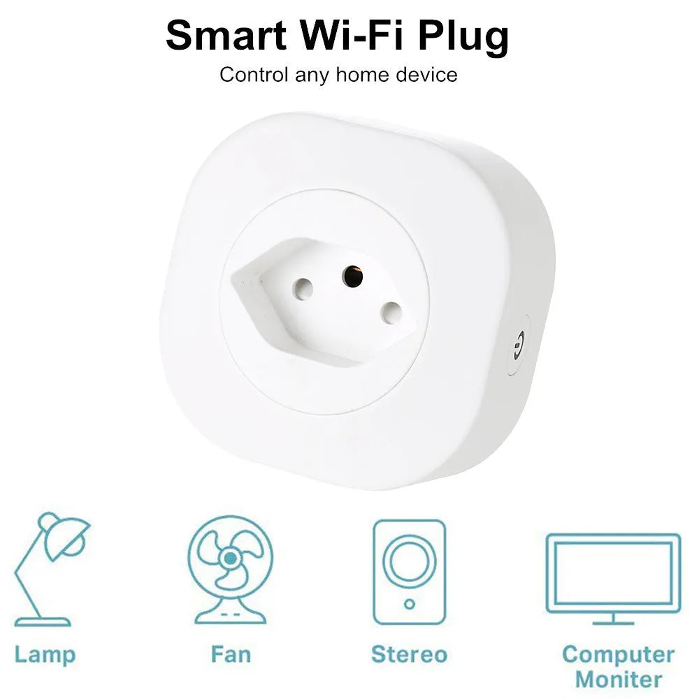 White smart socket plug with dimensions 70x70x72mm showing electrical specifications and WIFI control capability