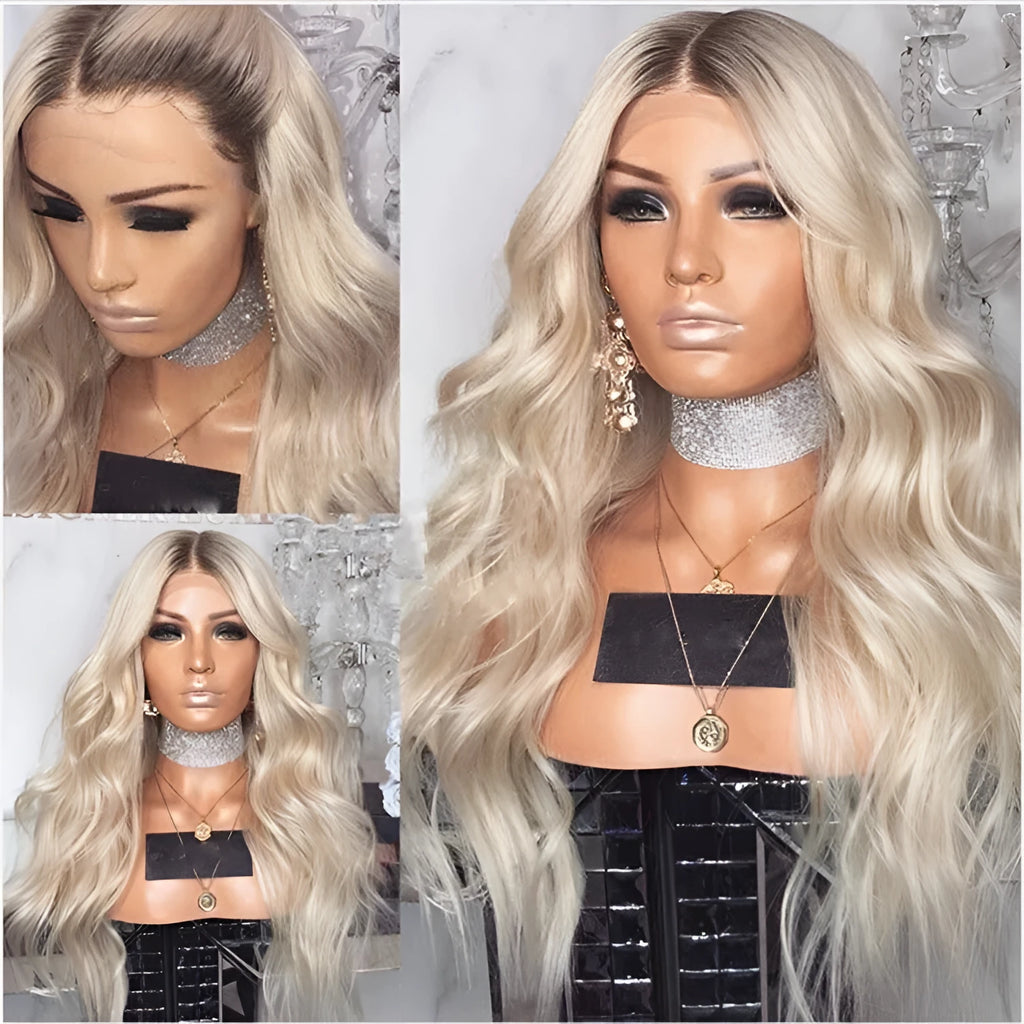 Blonde long curly synthetic wig, 72cm length, heat-resistant, adjustable 52-58cm fit, gold colour