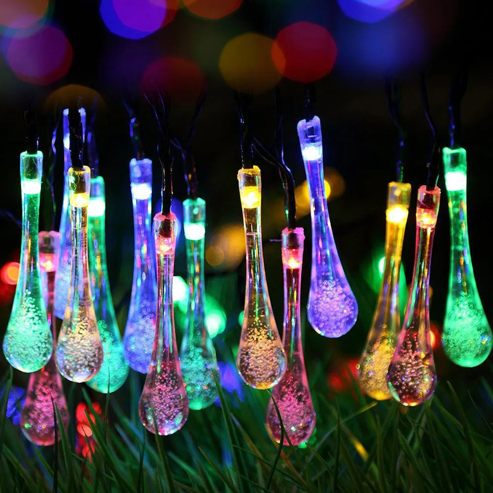LED outdoor water drops solar lamp string lights showing bubble drop pendants on 6.5m waterproof garland