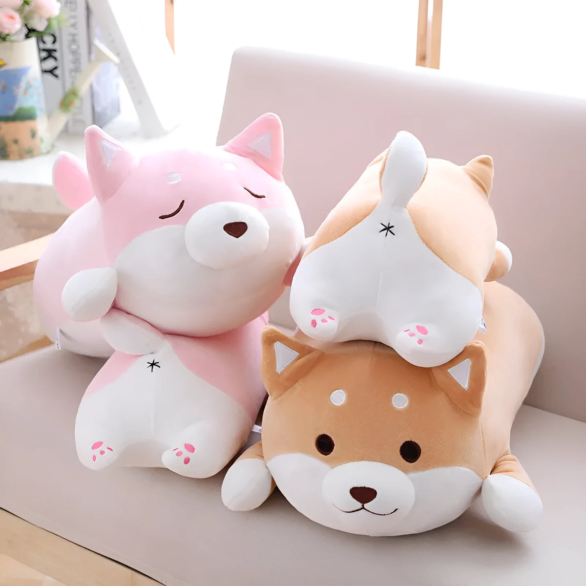 Shiba Inu dog plush toy in brown or pink, 35cm or 55cm, super soft short plush and PP cotton filling