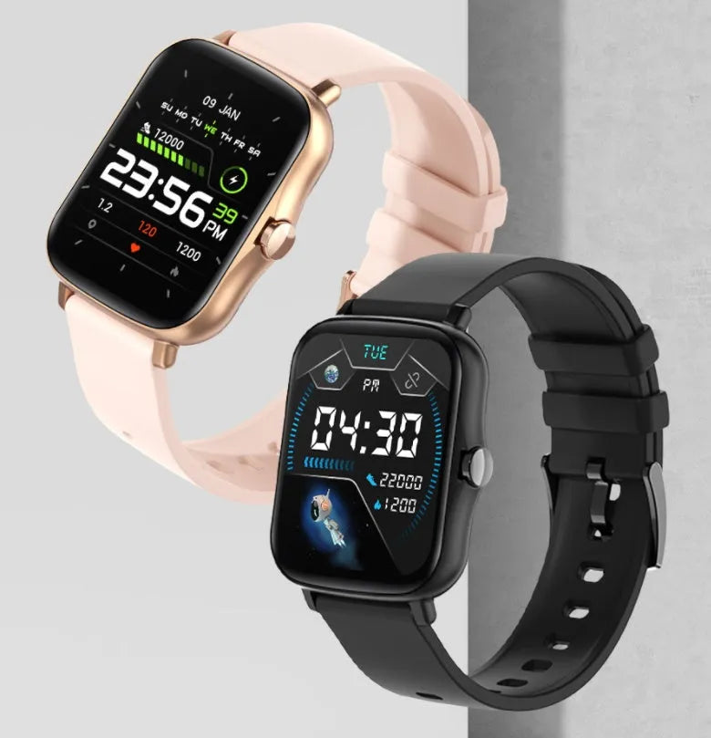 Smart watch with 1.7-inch blue touch screen on adjustable strap, showing heart rate and time display
