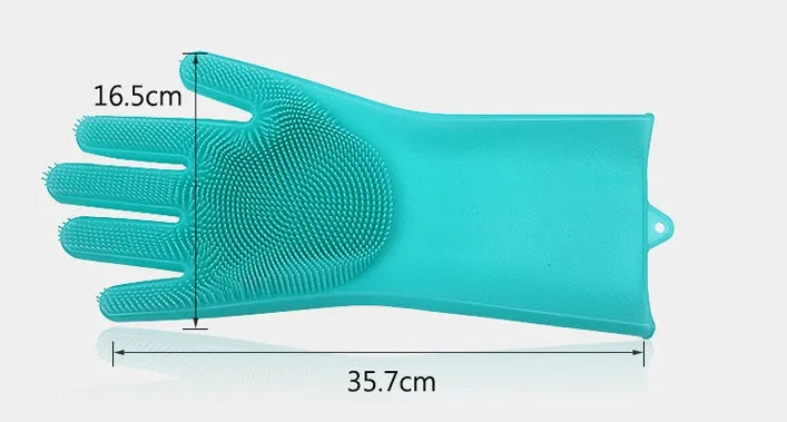 Silicone heat-resistant cleaning gloves in blue, showing non-slip surface and size of 357mm by 165mm
