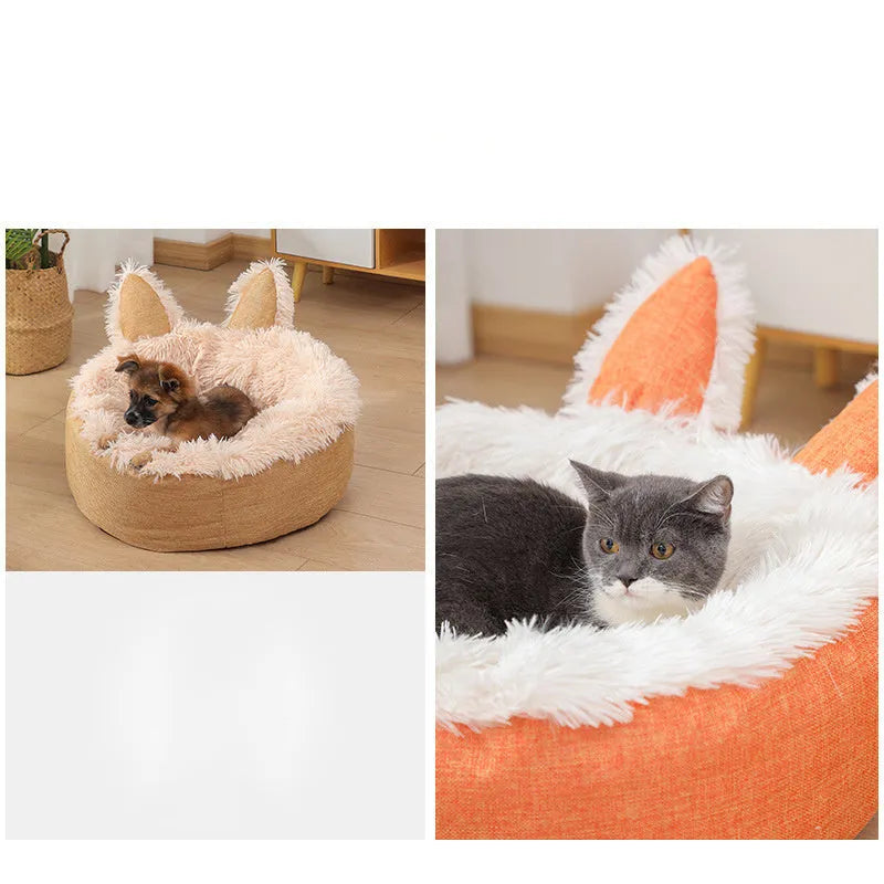 A round soft grey faux fur plush pet bed for cats or small dogs on a wooden floor.