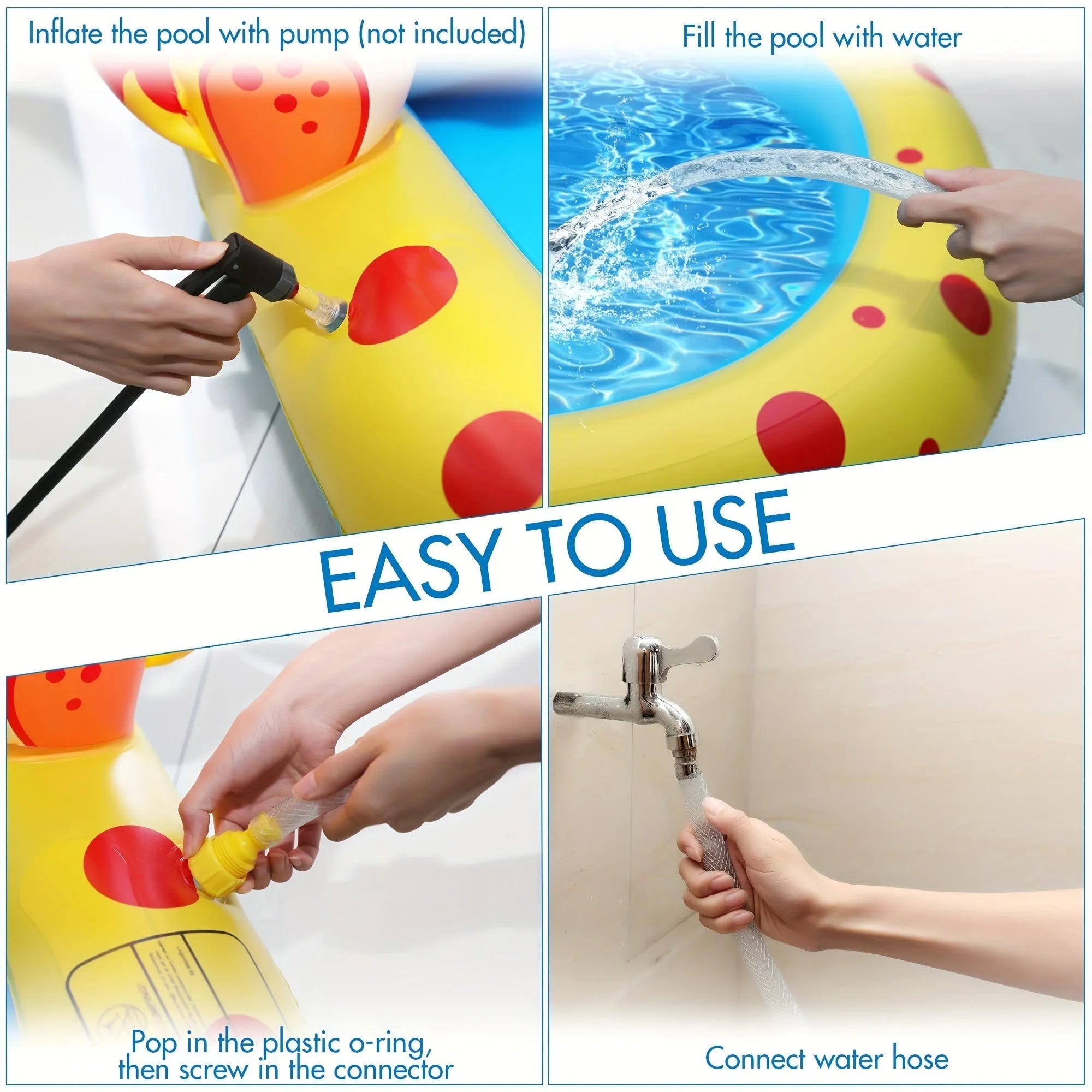 Blue dinosaur-themed inflatable water spray pool for kids in a garden