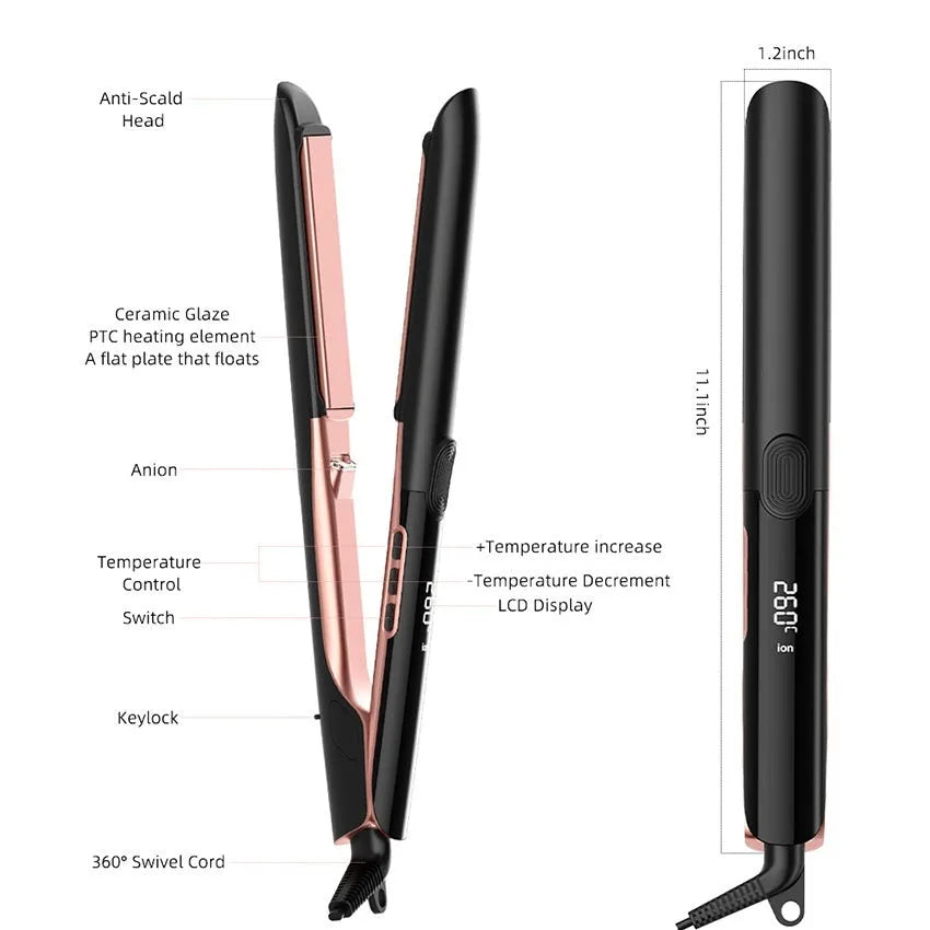 Hair straightener with negative ion technology and temperature display showing 207℃