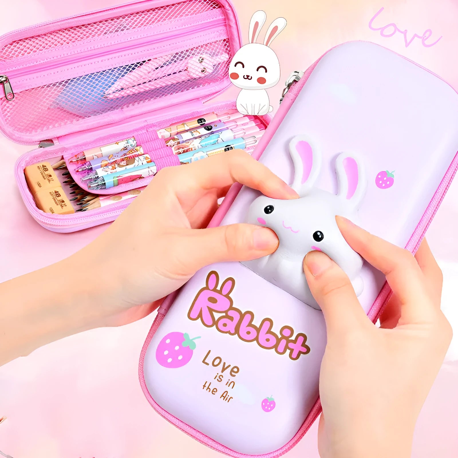 Square EVA pencil case with 3D decompression design showing dinosaur cartoon pattern