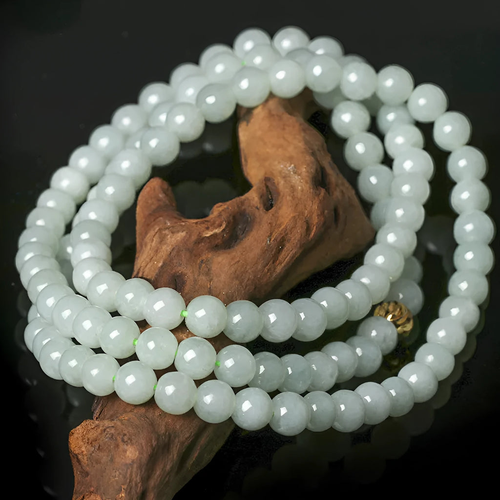 Natural jade bead sweater chain necklace with white and green 6.5mm beads on adjustable 21-50cm chain
