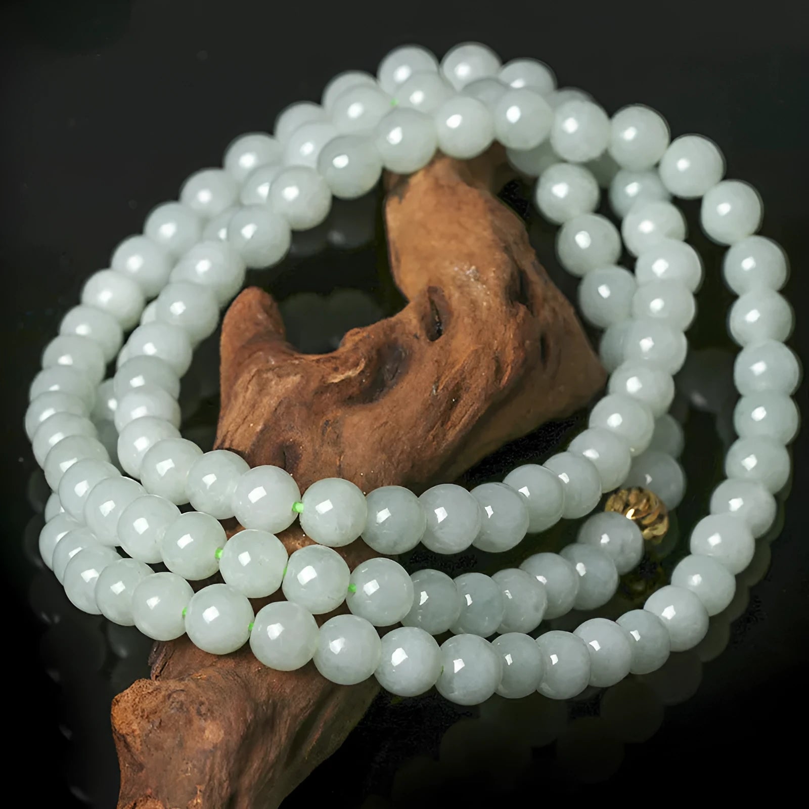 Natural jade bead sweater chain necklace with white and green 6.5mm beads on adjustable 21-50cm chain