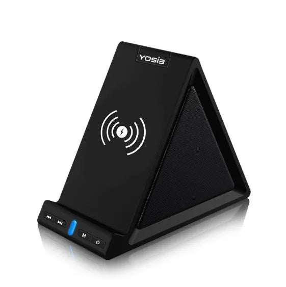 Black multifunctional Bluetooth speaker with integrated mobile phone stand and wireless charging surface, measuring 165x80x130mm