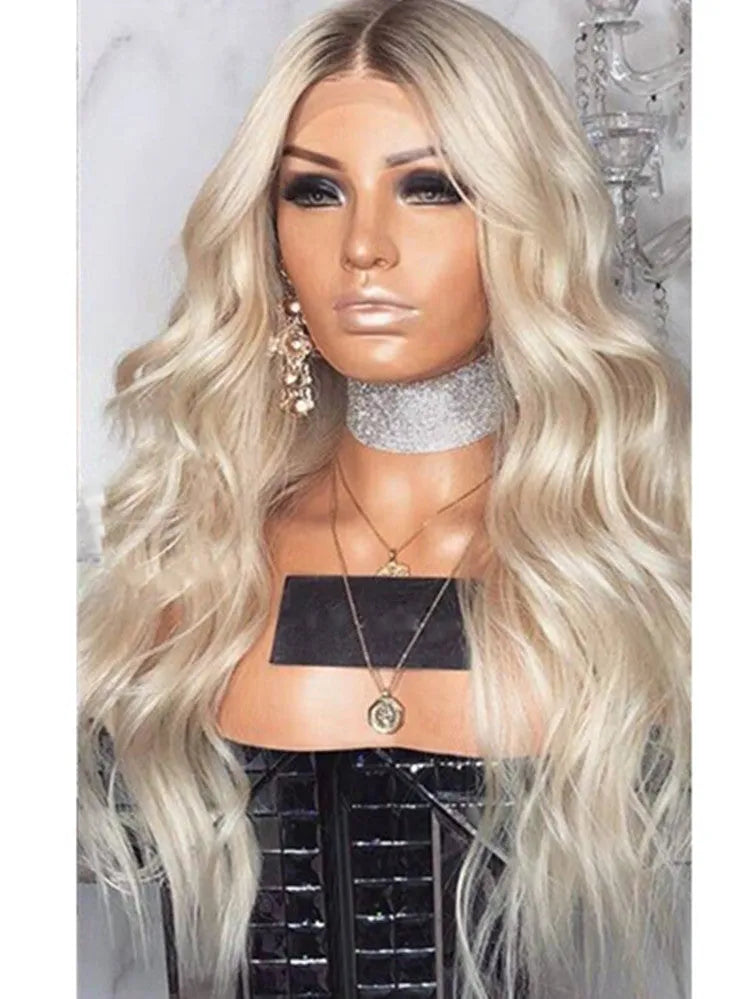 Blonde long curly synthetic wig, 72cm length, heat-resistant, adjustable 52-58cm fit, gold colour