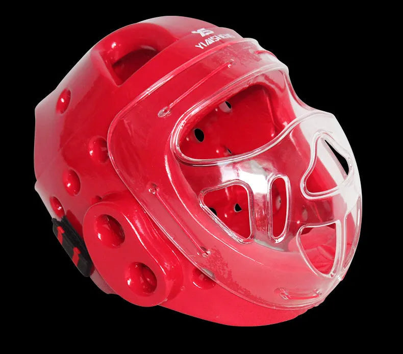 A white, blue, and red karate helmet for boxing head protection, shown in sizes S, M, L, and XL.