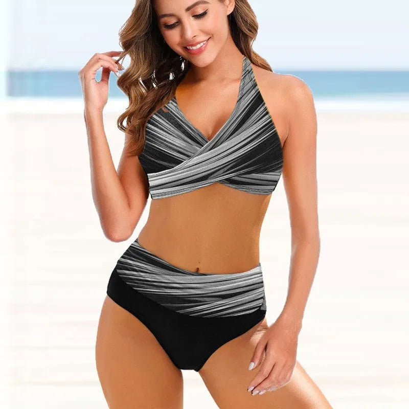Ladies' striped tie-dye split bikini with hollow back and high-waisted briefs for swimming