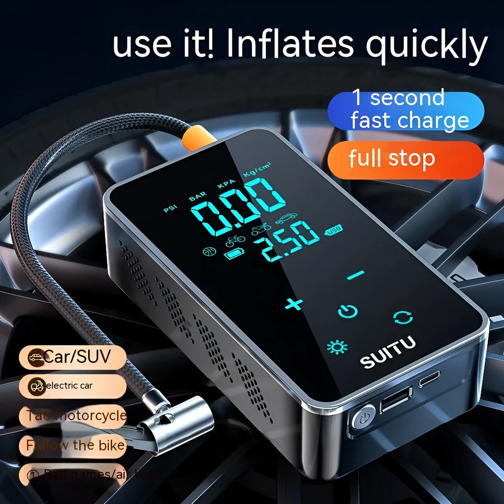 Compact black wireless car tyre inflator pump with digital LCD screen on a blue cloth bag.