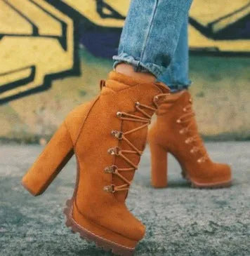 Women's suede high heel boots with thick 8cm heels, waterproof platforms, and cotton lining in army green colour