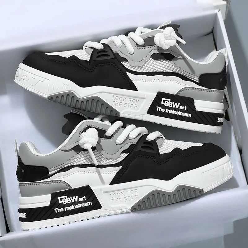 Men's low-top board shoes in white and yellow, white and black, and beige with soft rubber soles and mesh lining.
