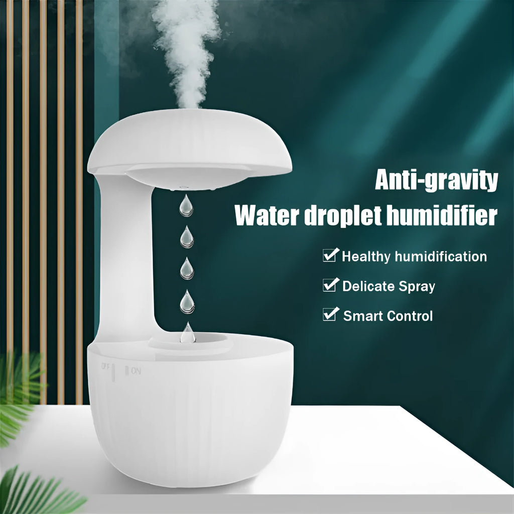 White anti-gravity air humidifier showing levitating water droplets and cool mist output