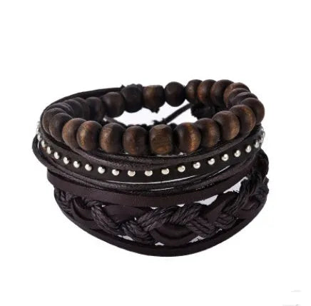 Leather bracelet with adjustable 6cm diameter, hand-woven from cowhide, wax rope, wooden beads, and hemp rope