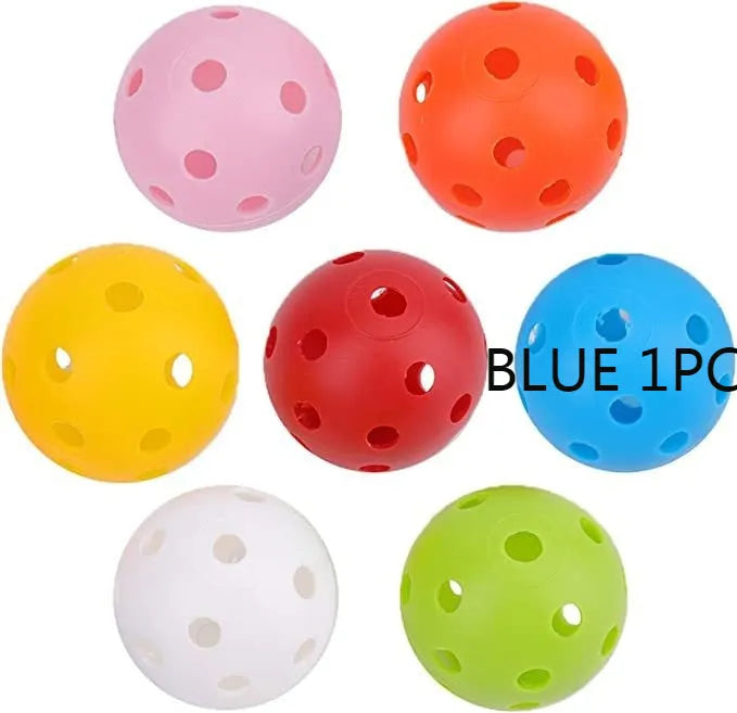 Six-colour golf practice balls in net pocket, each measuring 42mm diameter