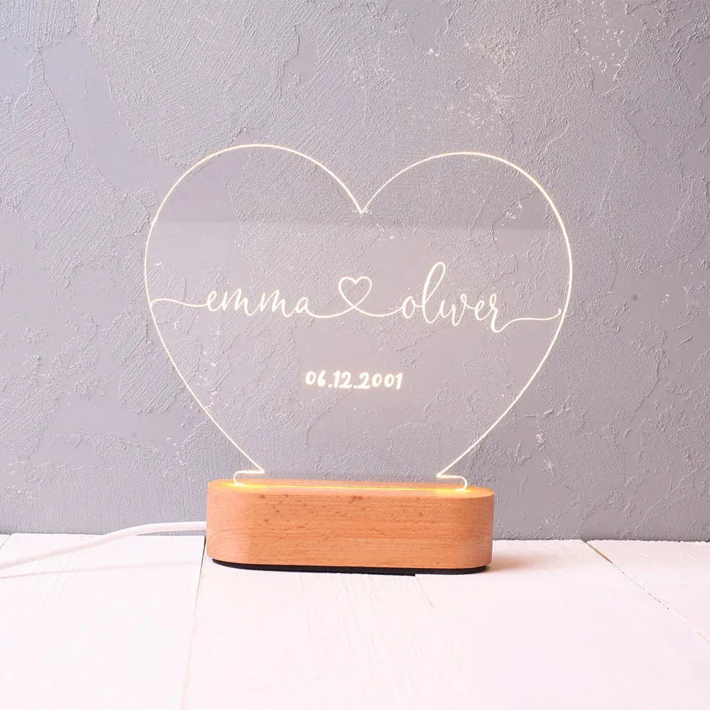 Custom LED night light with personalised text on 20cm x 11.5cm transparent acrylic plate, USB cable connected