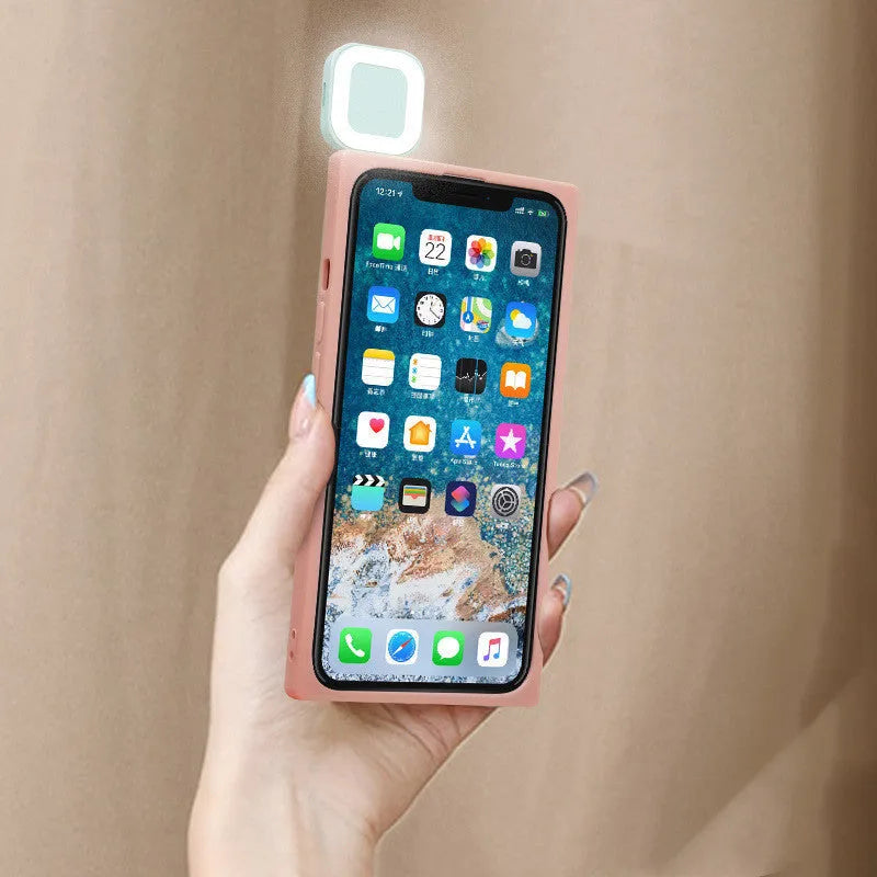 Ring flashing mobile phone case for iPhone 13 with selfie fill light in solid colours.