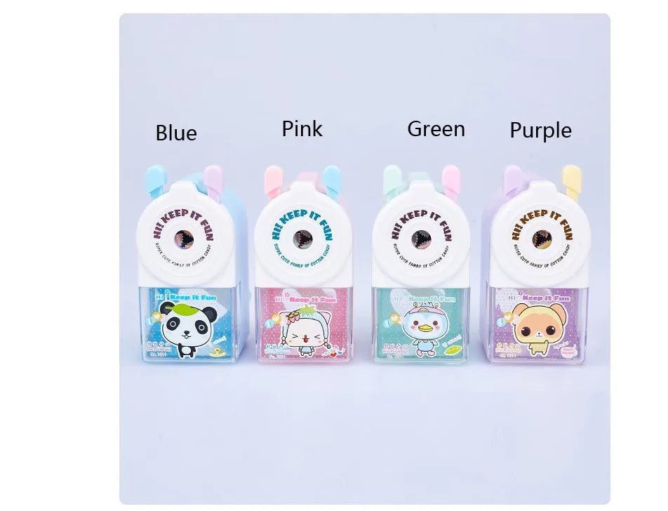 Cartoon geometric pet pencil sharpener in blue, green, pink, and purple colour options