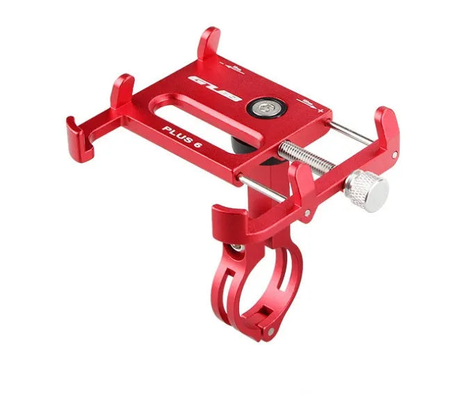 Black aluminium alloy GUB motorcycle phone holder mounted on bicycle handlebars, showing phone clamp.