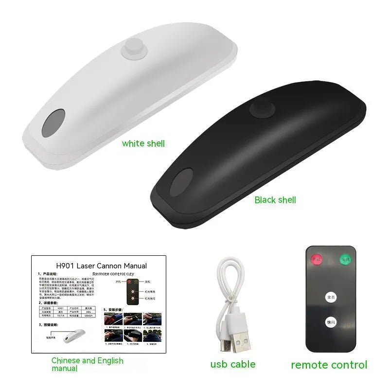 Vehicle-mounted remote control laser safety lamp in black or white colour with USB charging cable and wireless remote