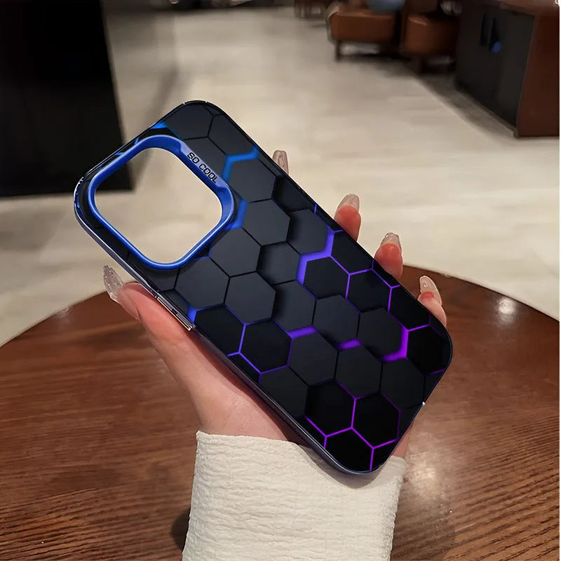 Frosted protective phone case for Apple iPhone with honeycomb square pattern in Moonlight Black.