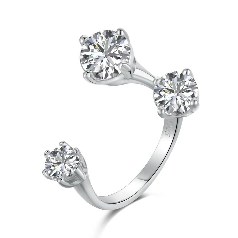 S925 sterling silver open ring with zircon inlay, geometric shape, platinum colour, adjustable opening