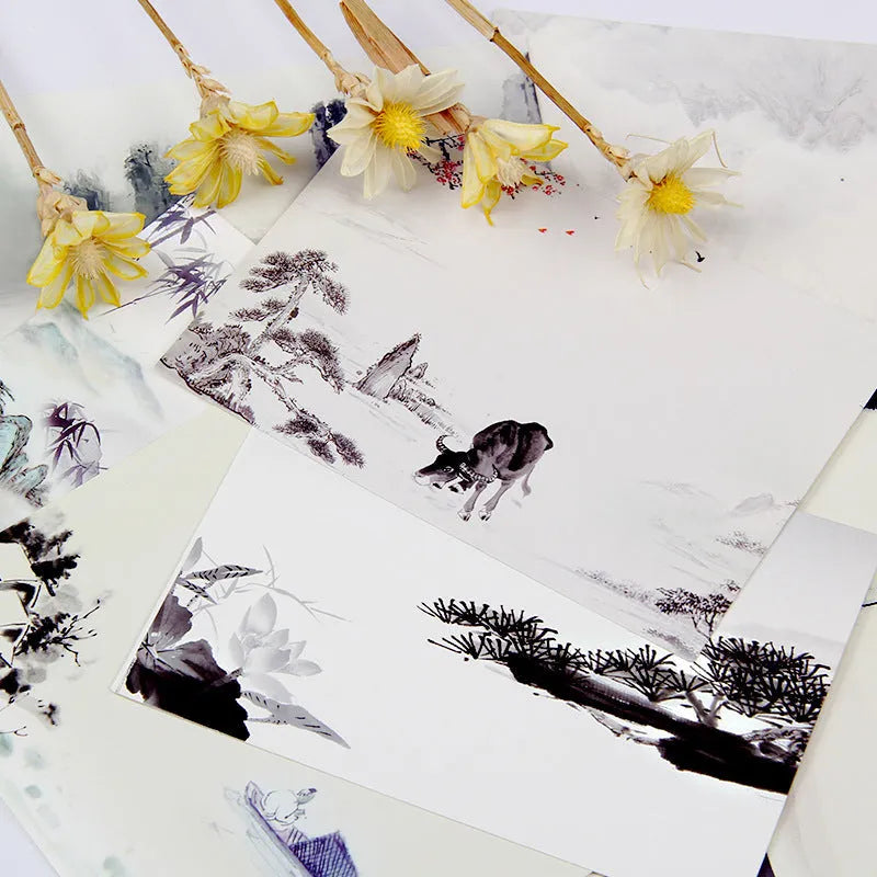 Set of 9 Japanese-style postcards featuring ink painting, cat, and worldwide designs for multiple occasions