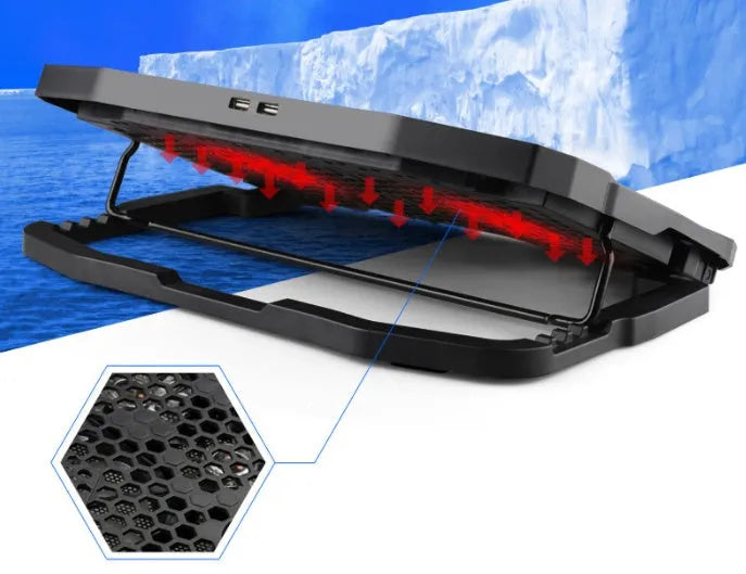 Black laptop cooling stand with copper heat sink, four heat pipes and dual USB ports