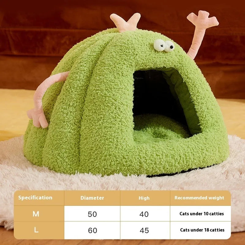 Monster-shaped cat kennel bed in green colour made from PP cotton bubble velvet