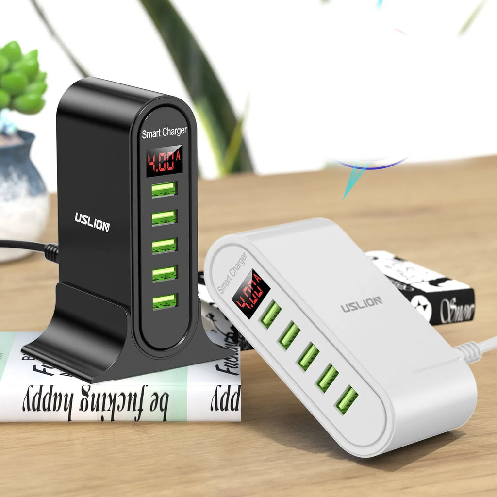 Smart LED digital display charger in black or white with USB interface and plug styles