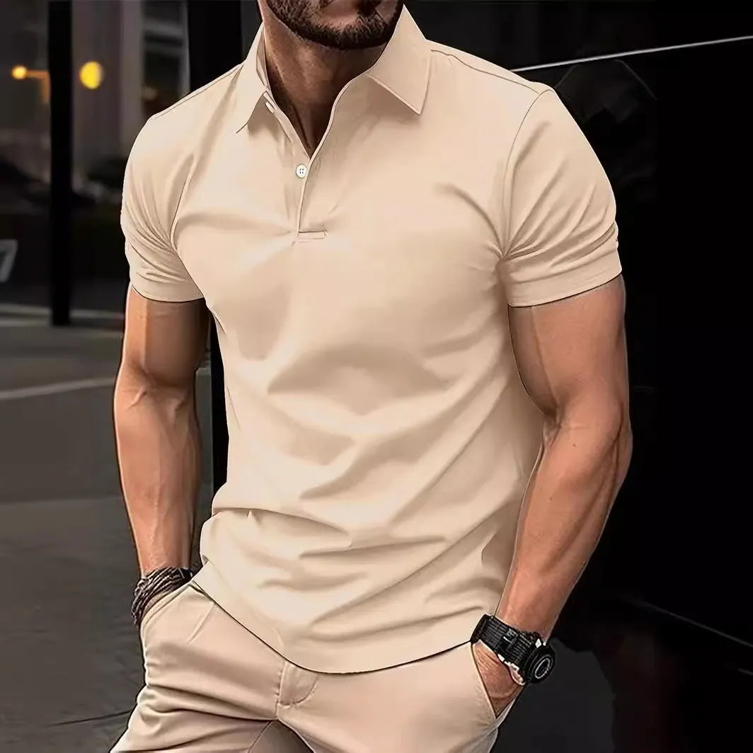 High Sense slim-fit short sleeve shirt in cotton blend fabric showing button front and solid colour design