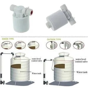 White automatic nylon float valve with threaded connection for water tank level control.