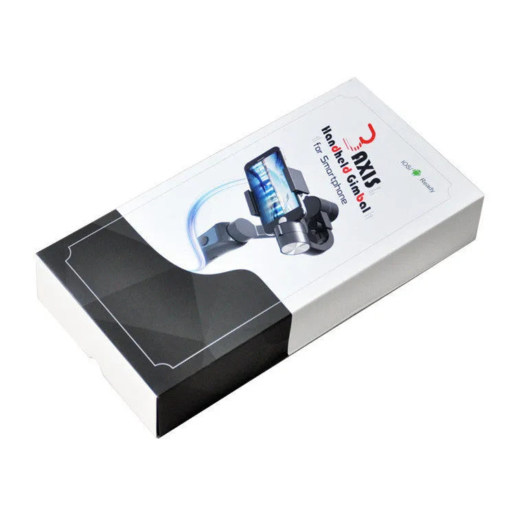 Black 3-axis handheld smartphone gimbal stabilizer showing rotation capabilities for phones below 6.5 inches