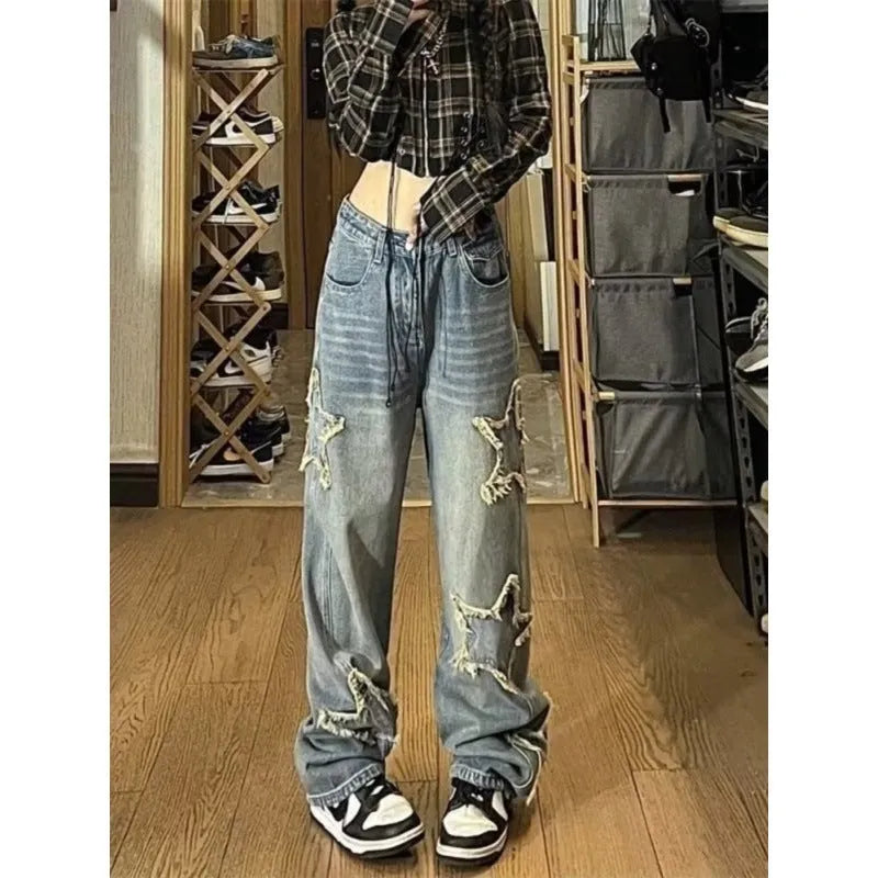 High-waist straight-leg denim trousers in blue, sizes XS to 2XL, 100% cotton composition