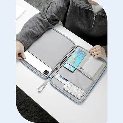 Imitation leather tablet protective case with a carrying handle in black, light grey, pink, or sky blue.