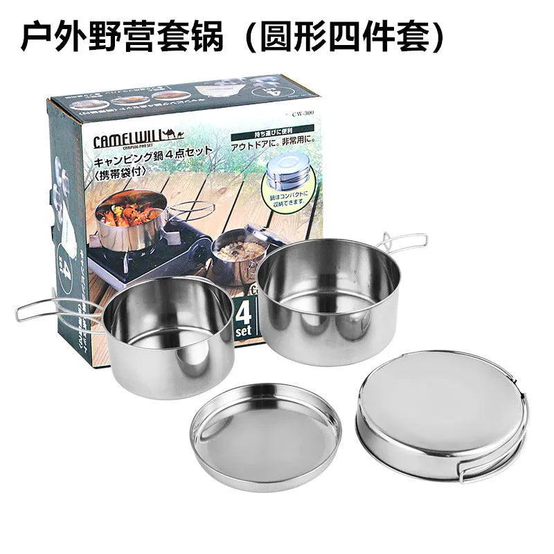 Silver stainless steel outdoor camping cookware pot set for 2-3 people