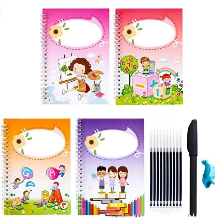 Hard cover magic practice writing book set open on a page, with pen holder and refills alongside.