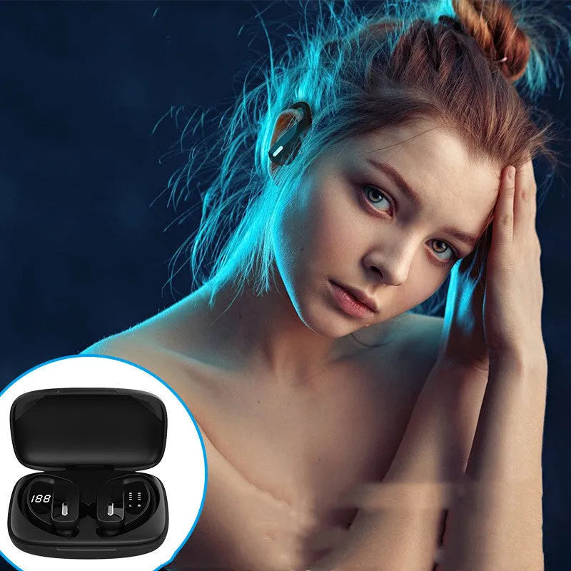 Black wireless Bluetooth headset with hanging ear design and LED digital display