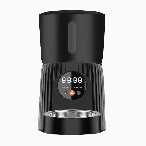 Black intelligent pet feeder with digital display showing feeding schedule, holding dry food
