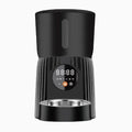 Black intelligent pet feeder with digital display showing feeding schedule, holding dry food
