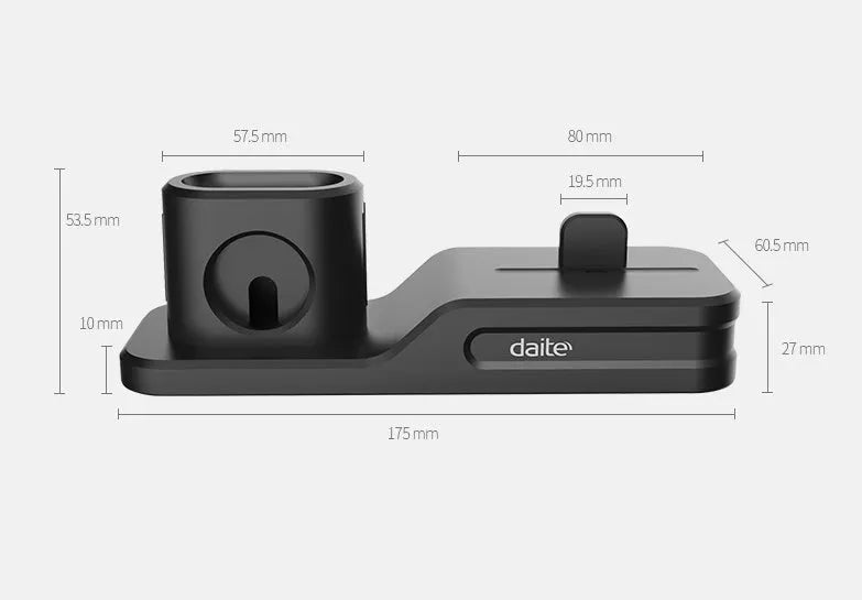 Black silicone 3-in-1 charging stand for iPhone, iWatch, and AirPods on a desk