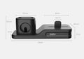 Black silicone 3-in-1 charging stand for iPhone, iWatch, and AirPods on a desk