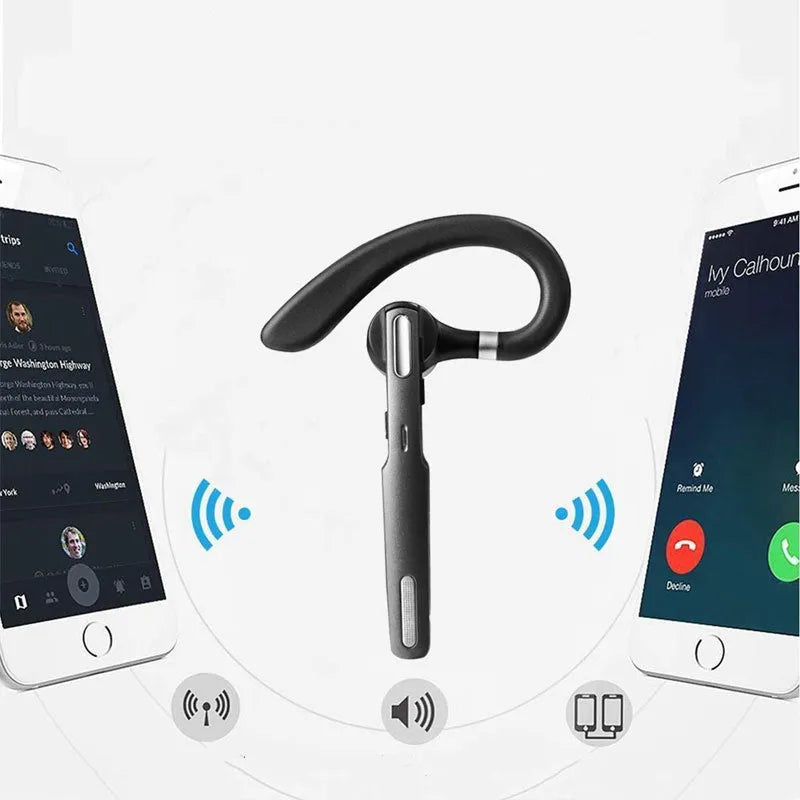 Black mono Bluetooth headset with hanging ear design showing single earpiece