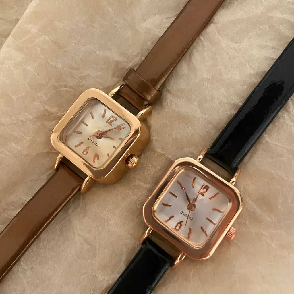 Retro fashion watch for women with alloy case in black, white, pink, or brown strap options.