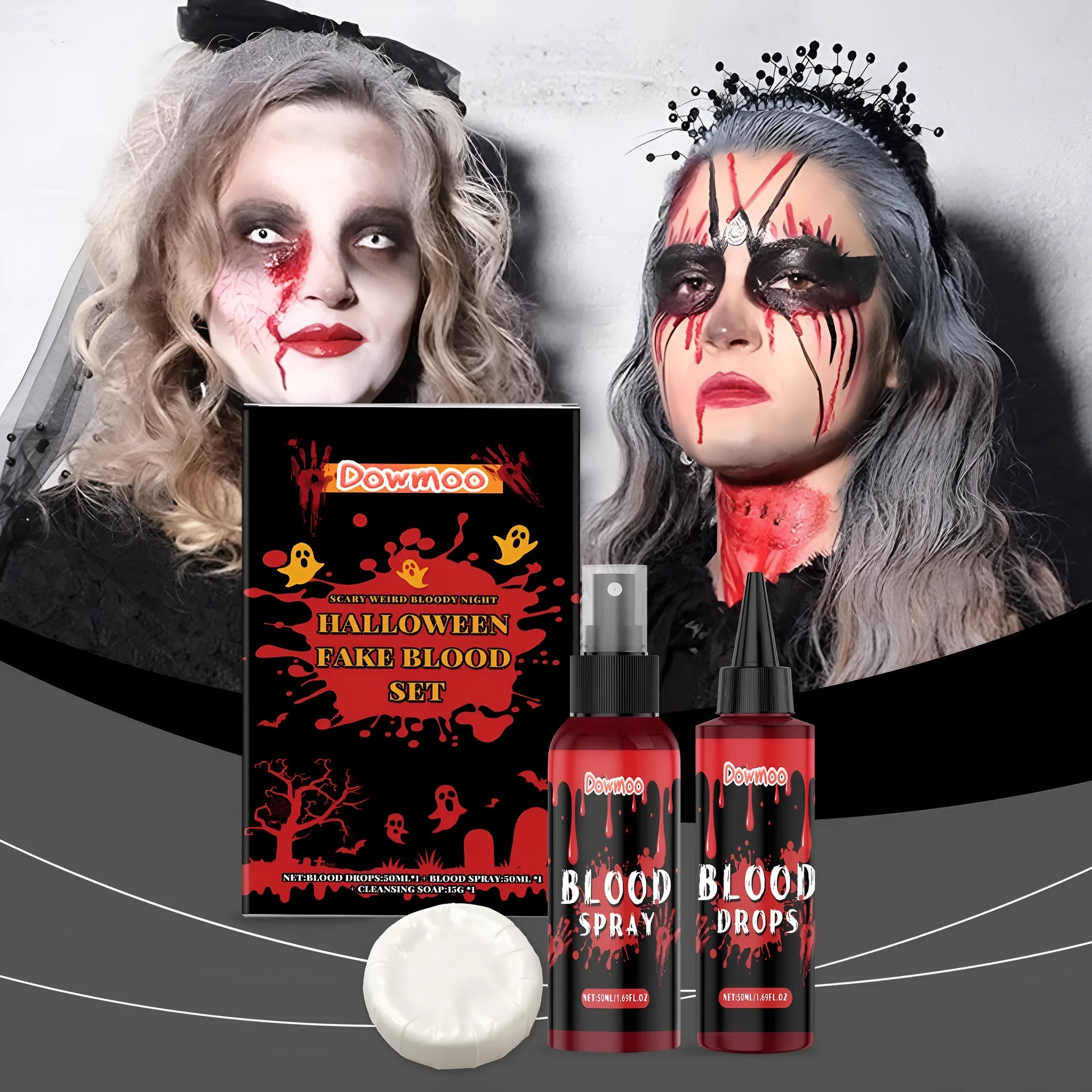 3-piece washable fake blood set with plasma drops, spray bottle, and surface soap container